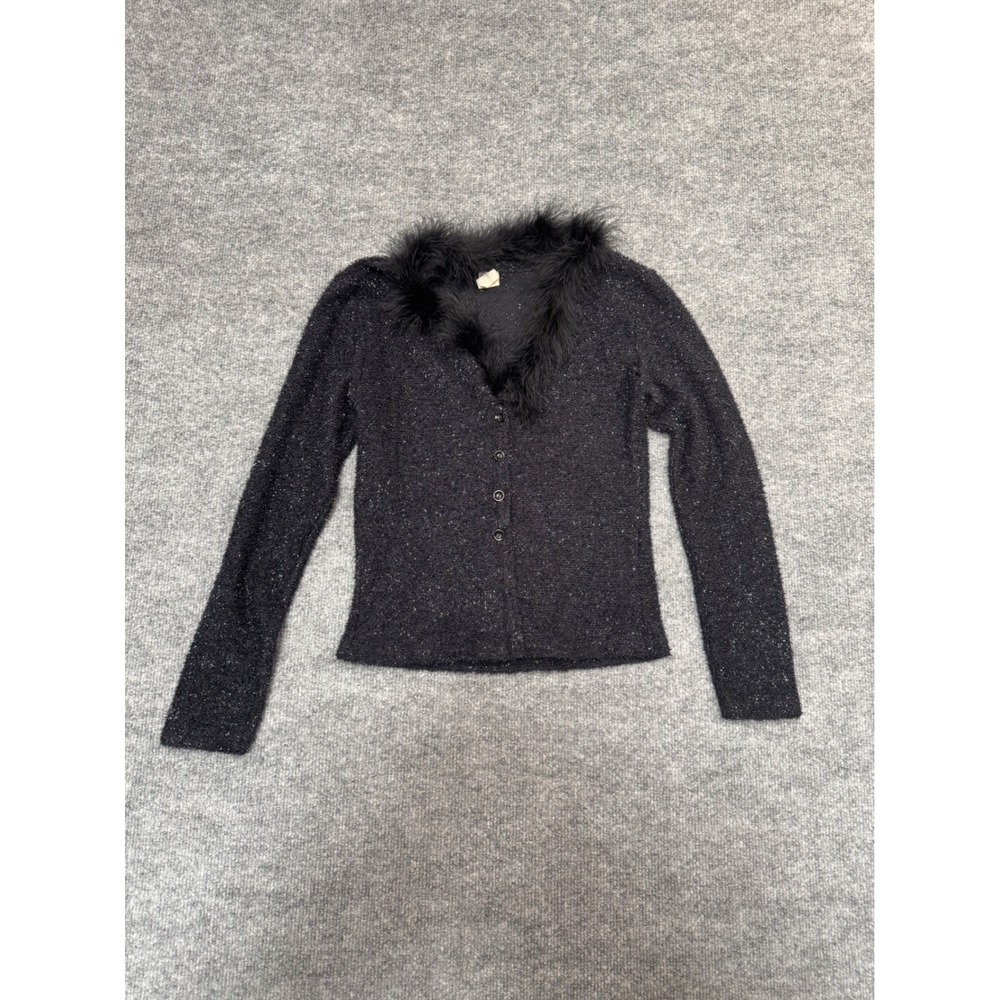 Emmanuel Vintage Black Sparkly Cardigan Faux Fur Collar Y2K Metallic Knit Size 1